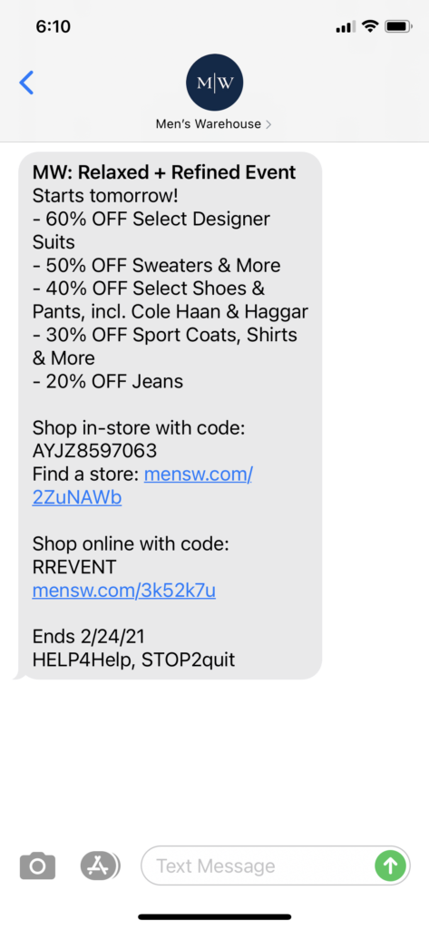 Men's Warehouse Text Message Marketing Example - 02.21.2021