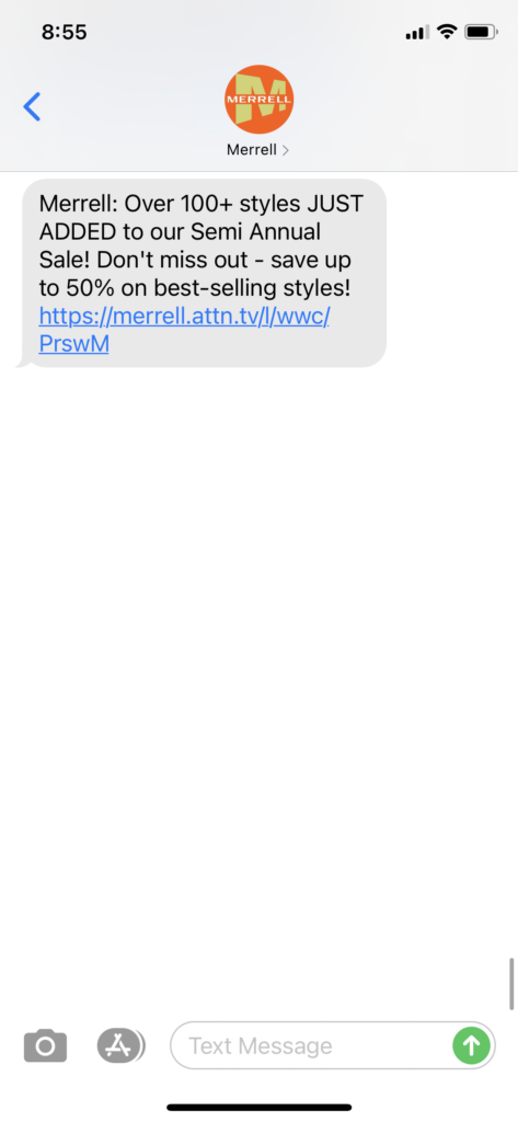 Merrell Text Message Marketing Example - 02.15.2021