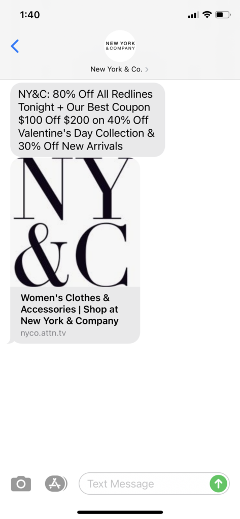 New York & Co Text Message Marketing Example - 01.31.2021