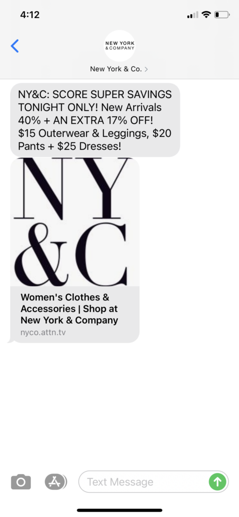 New York & Co Text Message Marketing Example - 02.07.2021