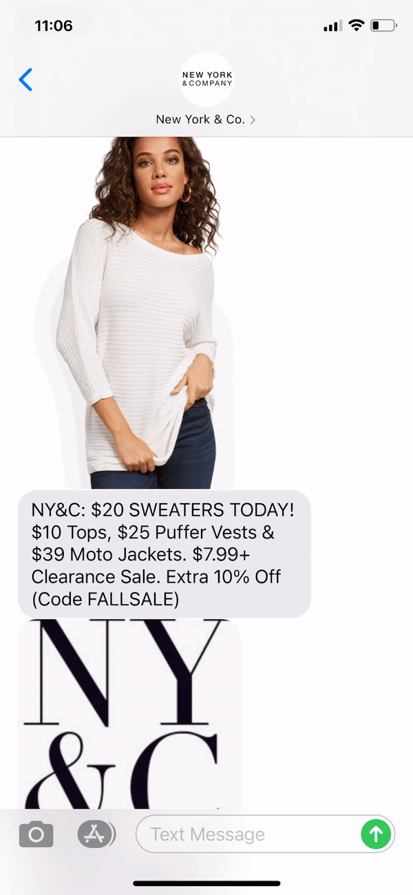 New York & Co Text Message Marketing Example - 10.10.2020