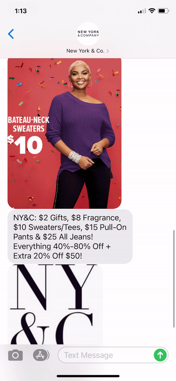New York & Co Text Message Marketing Example - 12.05.2020