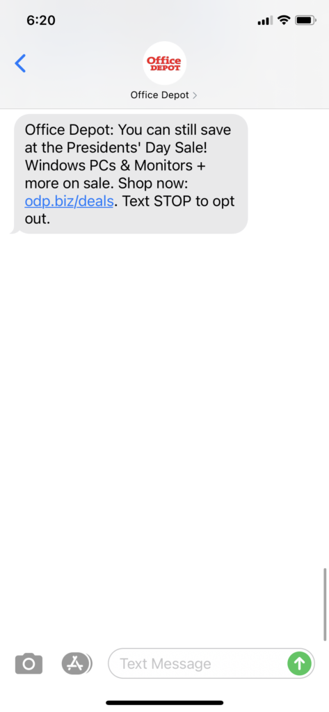 Office Depot Text Message Marketing Example - 02.16.2021