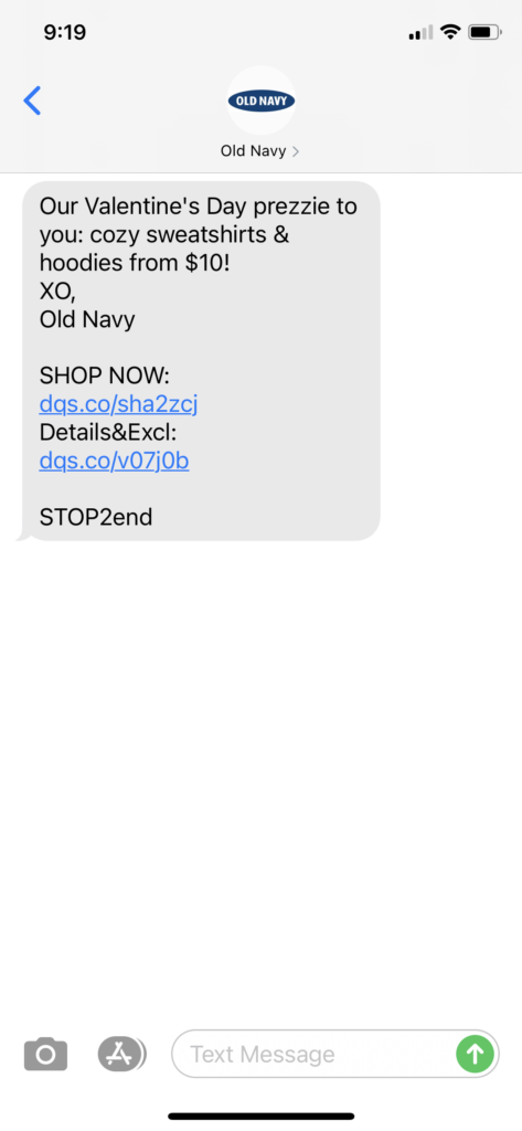 Old Navy Text Message Marketing Example - 02.14.2021