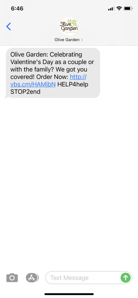 Olive Garden Text Message Marketing Example - 02.12.2021