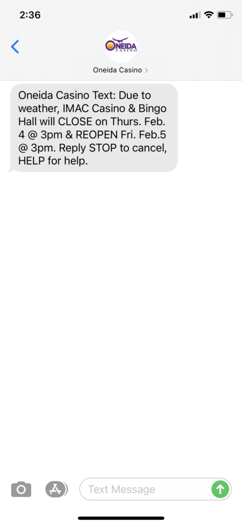 Oneida Casino Text Message Marketing Example - 02.03.2021