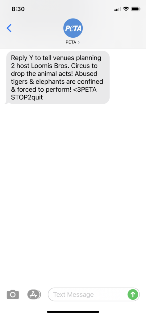 PETA Text Message Marketing Example - 01.28.2021