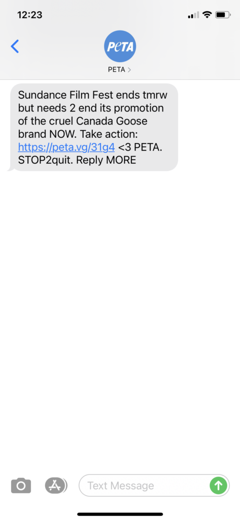 PETA Text Message Marketing Example - 02.02.2021