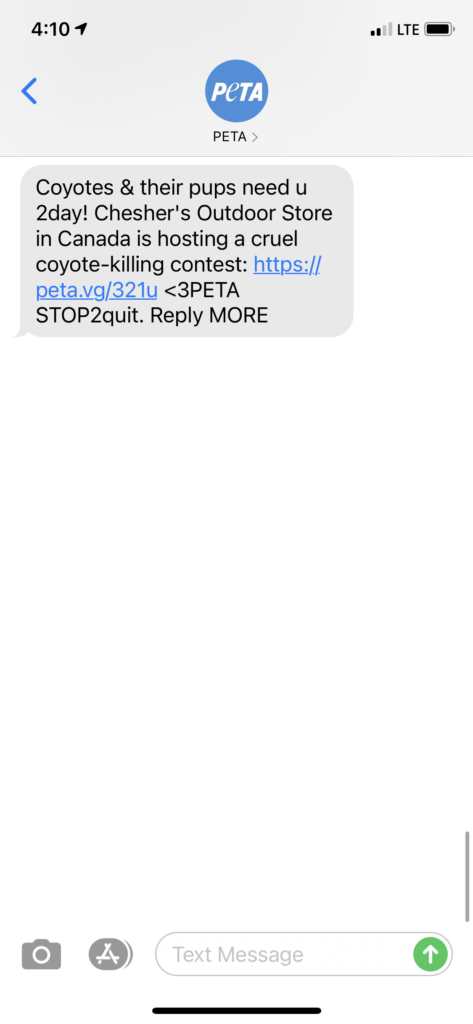 PETA Text Message Marketing Example - 02.23.2021