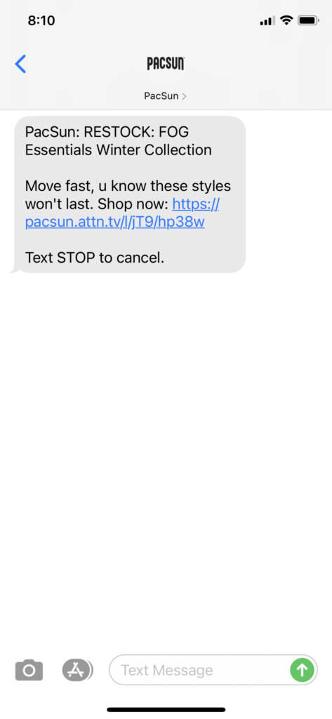 PacSun Text Message Marketing Example - 02.19.2021