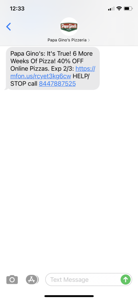 Papa Gino's Text Message Marketing Example - 02.02.2021