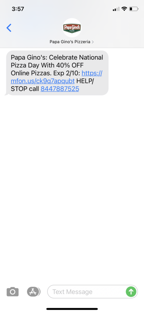 Papa Gino's Text Message Marketing Example - 02.09.2021