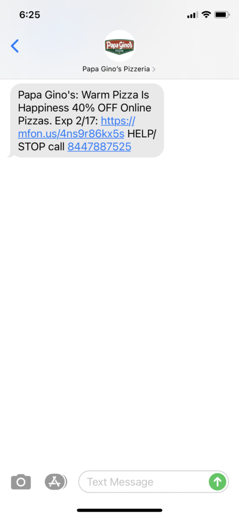 Papa Gino's Text Message Marketing Example - 02.16.2021