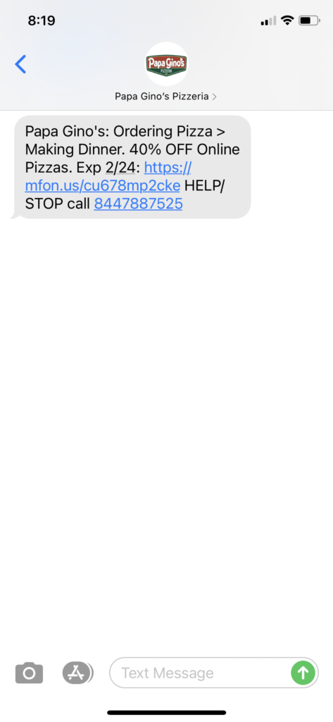 Papa Gino's Text Message Marketing Example - 02.22.2021