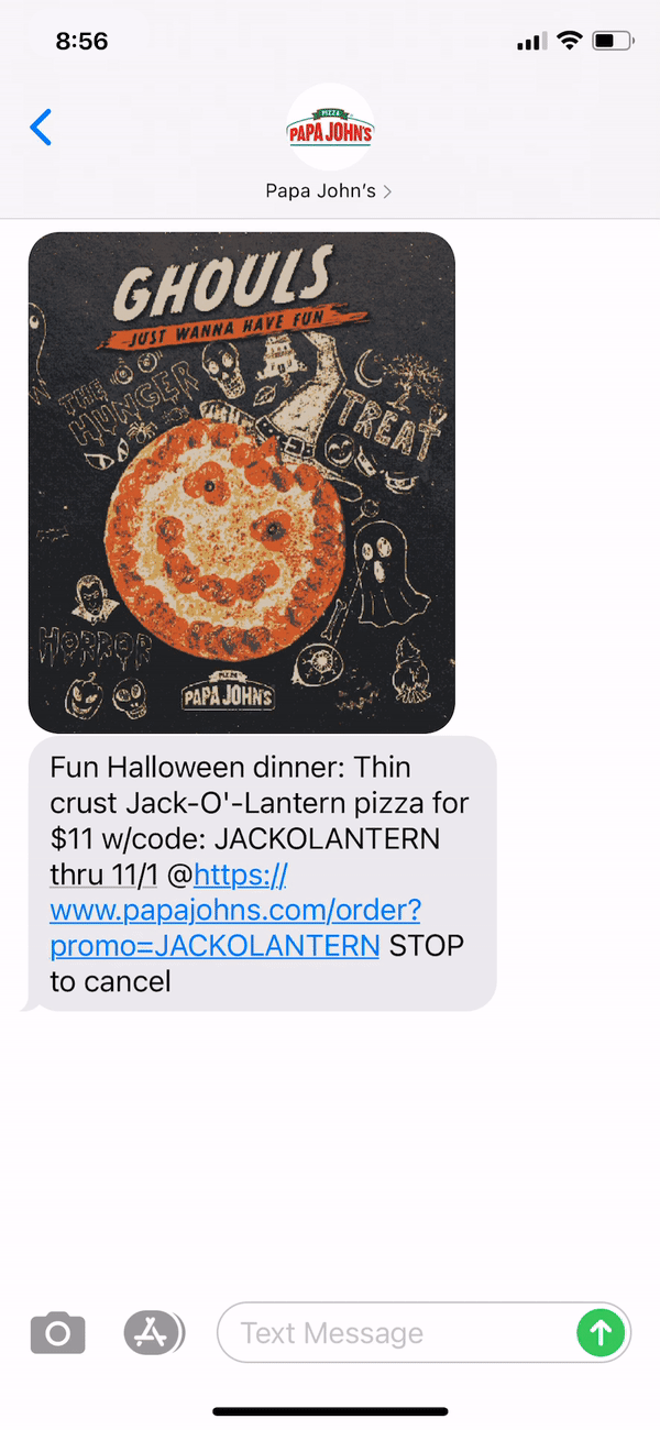 Papa John’s Text Message Marketing Example - 10.31.2020