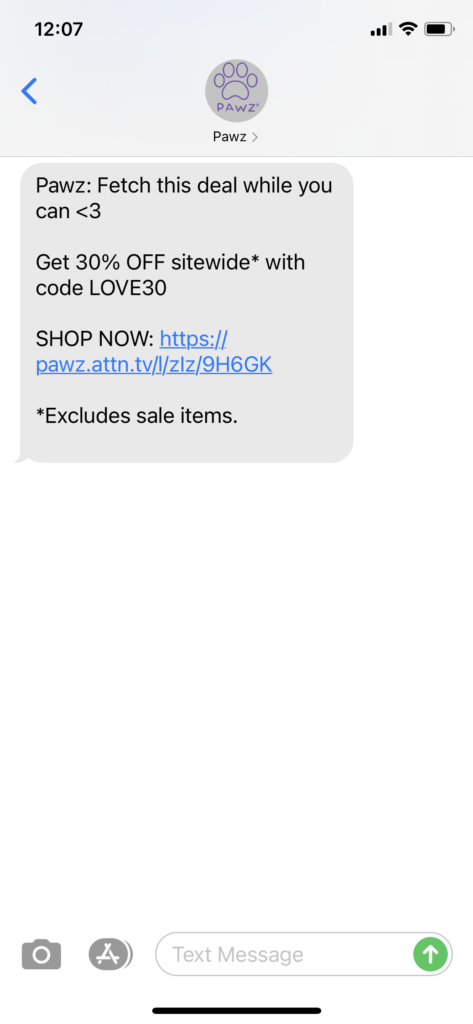 Pawz Text Message Marketing Example - 02.06.2021