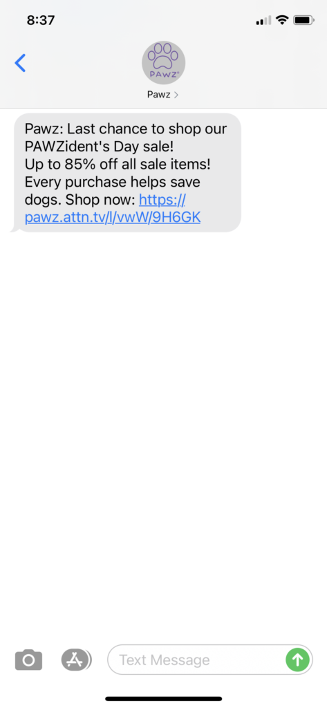 Pawz Text Message Marketing Example - 02.15.2021