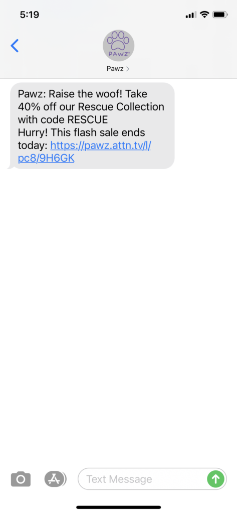 Pawz Text Message Marketing Example - 02.18.2021
