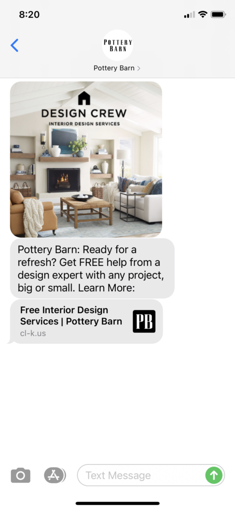 Pottery Barn Text Message Marketing Example - 01.29.2021