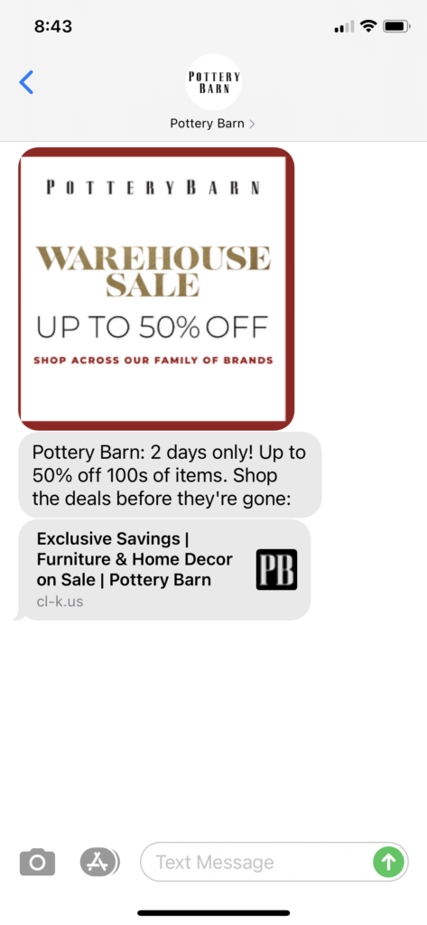 Pottery Barn Text Message Marketing Example - 02.15.2021
