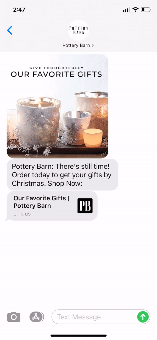 Pottery Barn Text Message Marketing Example - 12.15.2020