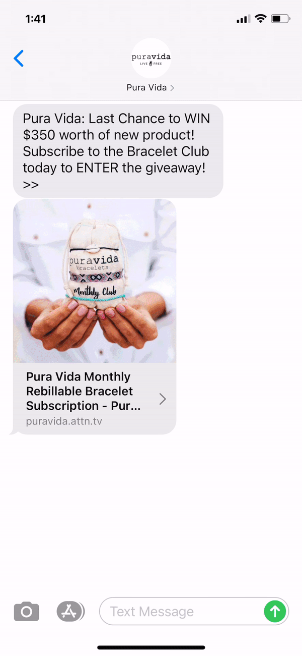 Pura Vida Text Message Marketing Example - 01.31.2021