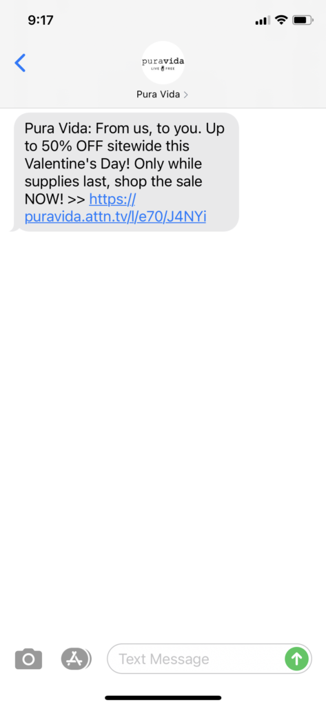 Pura Vida Text Message Marketing Example - 02.14.2021