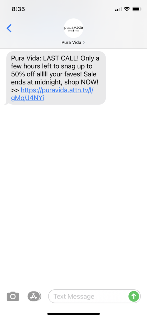 Pura Vida Text Message Marketing Example - 02.15.2021