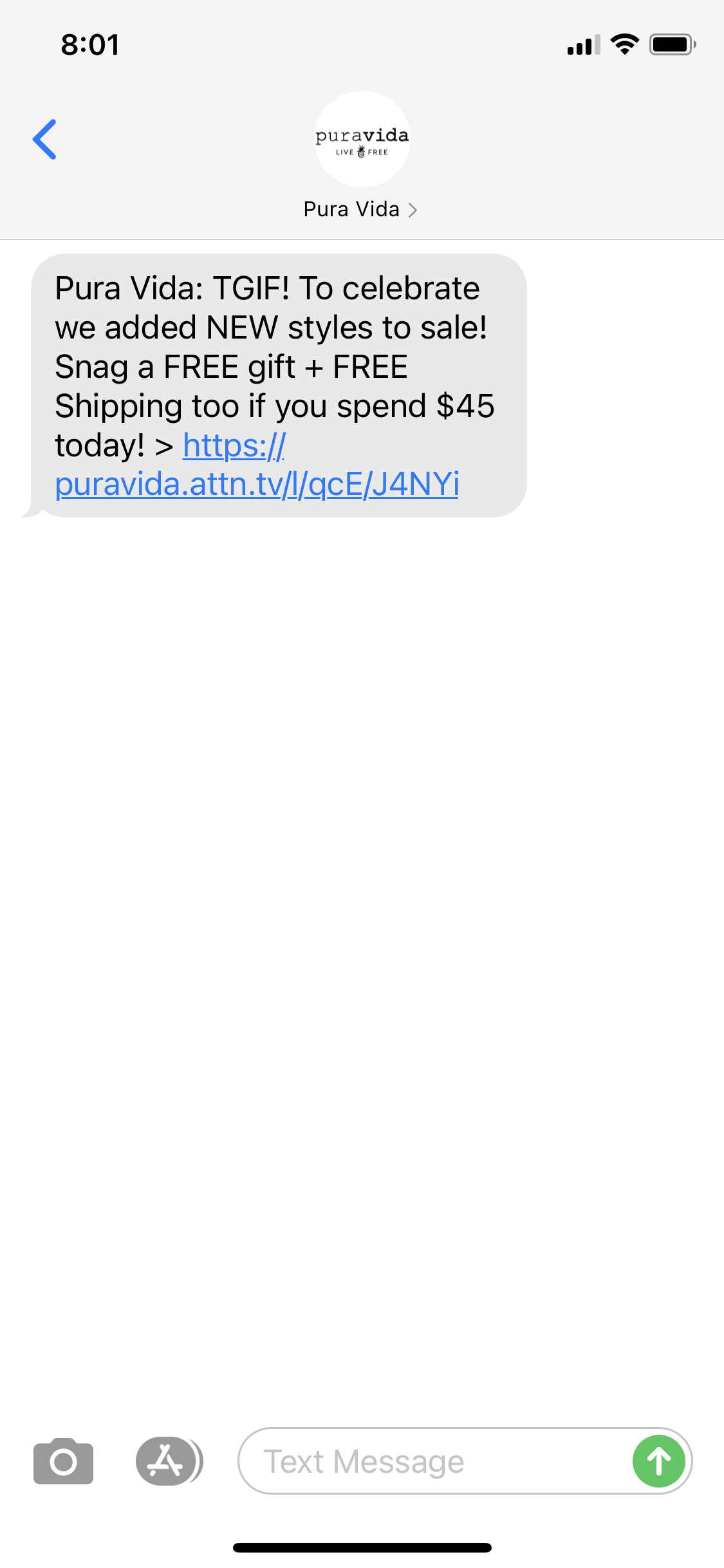 Pura Vida Text Message Marketing Example 02.19.2021 SMS Archives