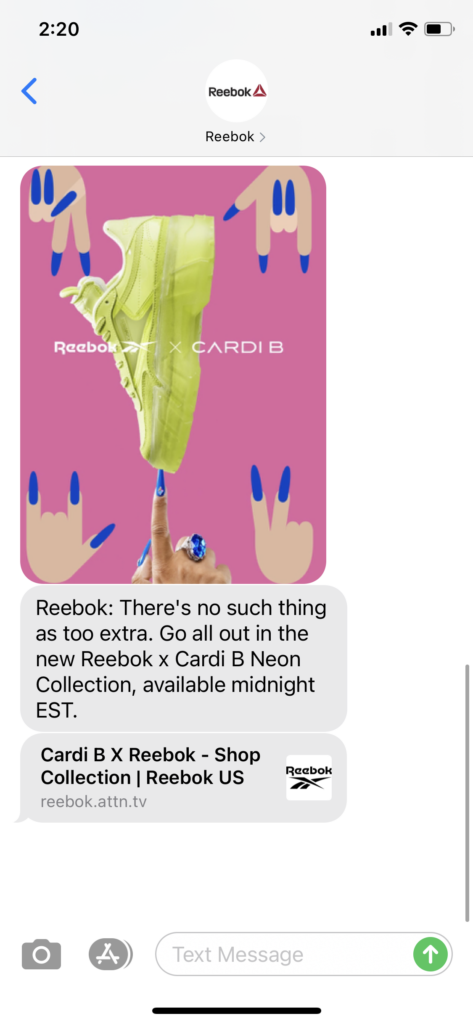 Reebok Text Message Marketing Example - 02.04.2021
