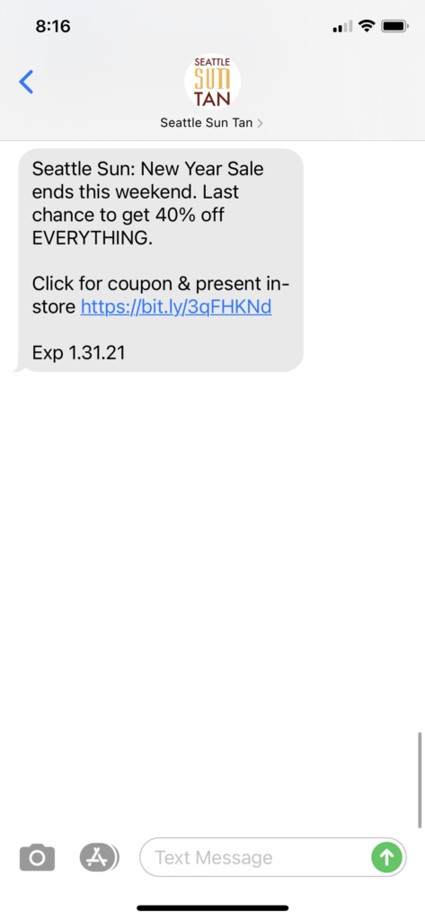 Seattle Sun Tan Text Message Marketing Example - 01.29.2021