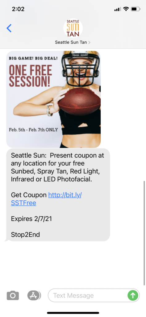 Seattle Sun Tan Text Message Marketing Example - 02.05.2021