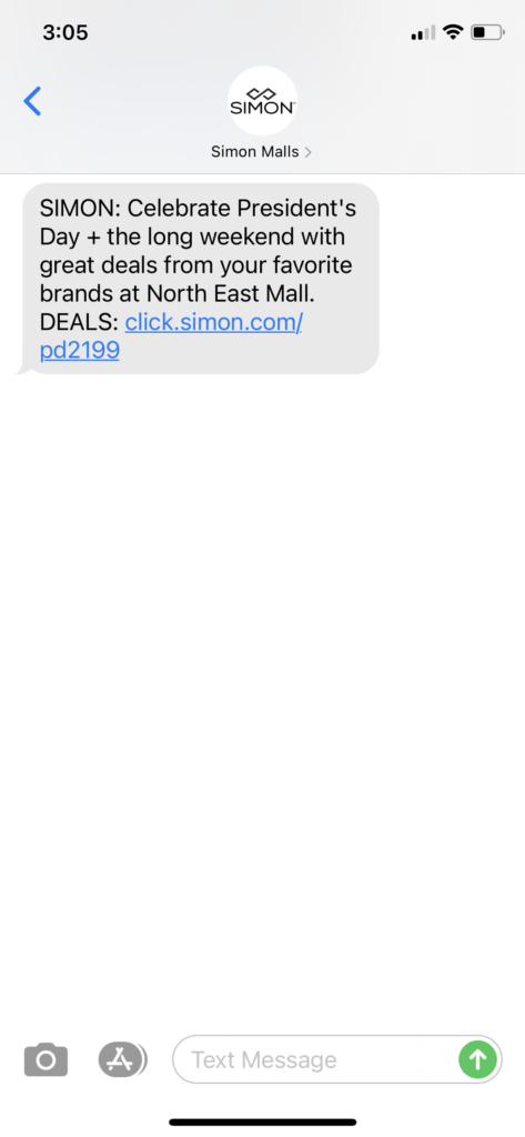 Simon Malls Text Message Marketing Example - 02.11.2021