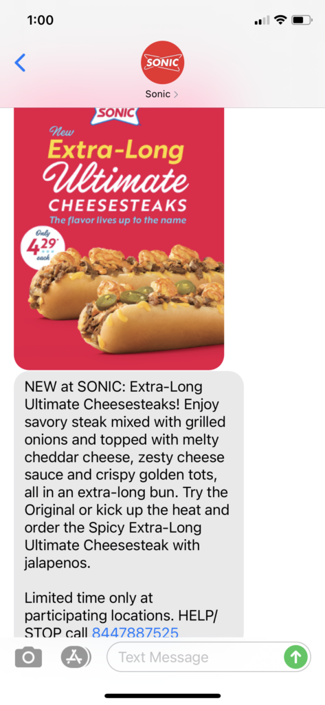Sonic Text Message Marketing Example - 02.01.2021
