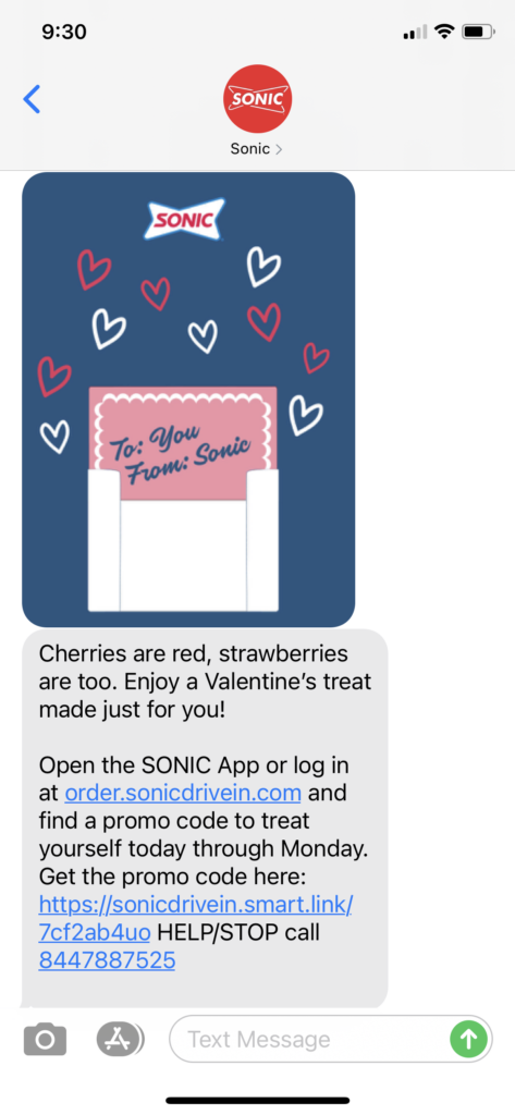 Sonic Text Message Marketing Example - 02.13.2021