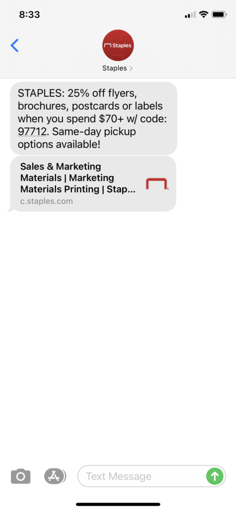 Staples Text Message Marketing Example - 01.28.2021