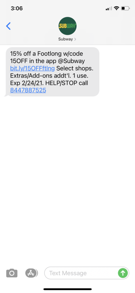 Subway Text Message Marketing Example - 02.11.2021