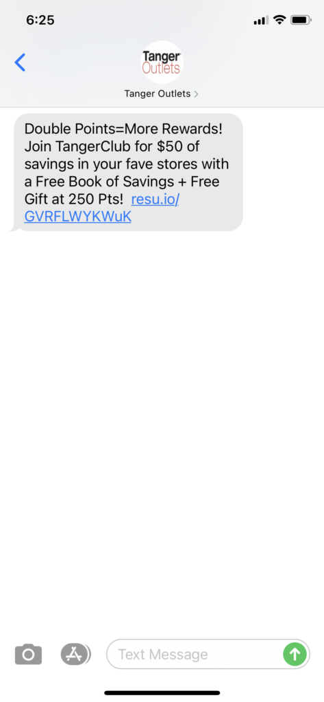 Tanger Outlets Text Message Marketing Example - 02.16.2021
