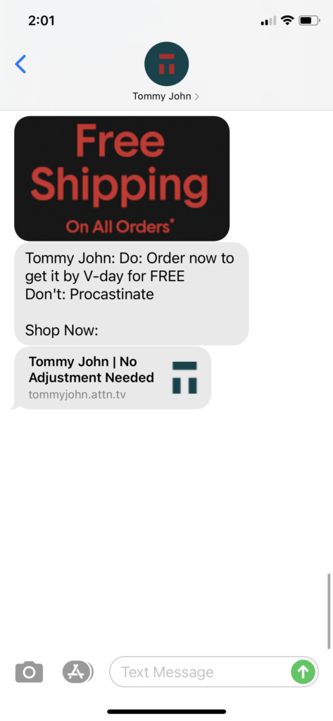 Tommy John Text Message Marketing Example - 02.05.2021
