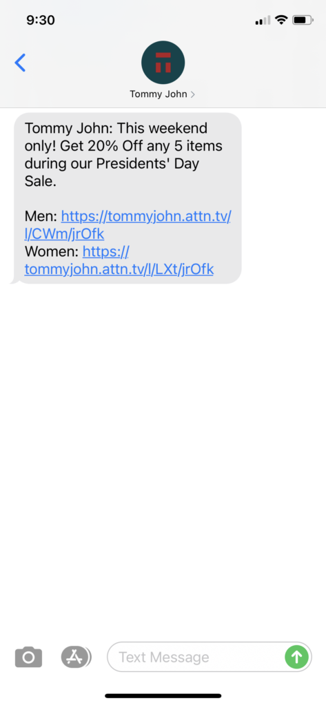 Tommy John Text Message Marketing Example - 02.13.2021