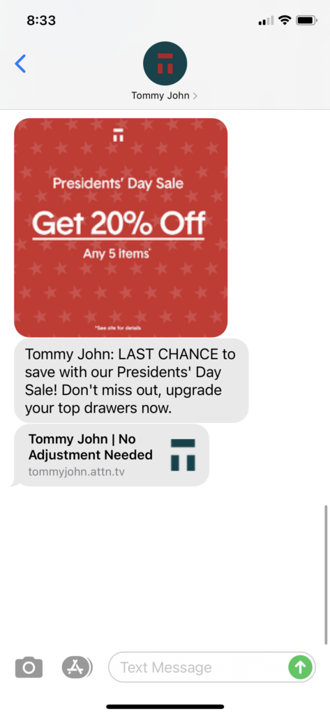 Tommy John Text Message Marketing Example - 02.15.2021