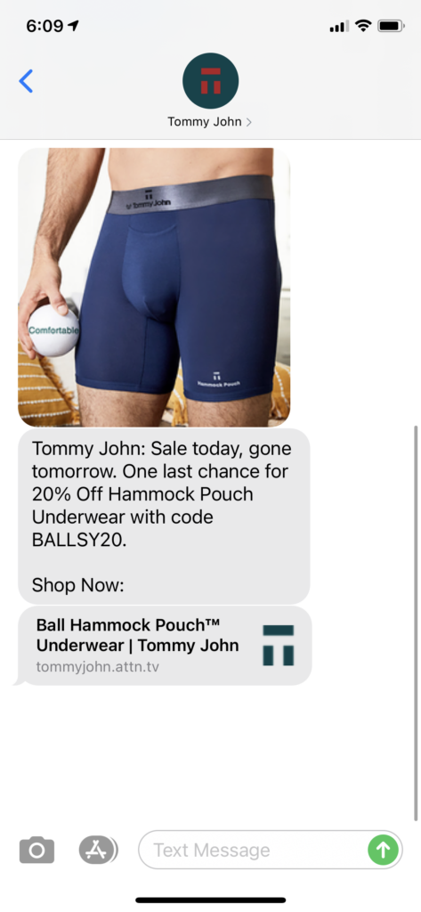 Tommy John Text Message Marketing Example - 02.21.2021