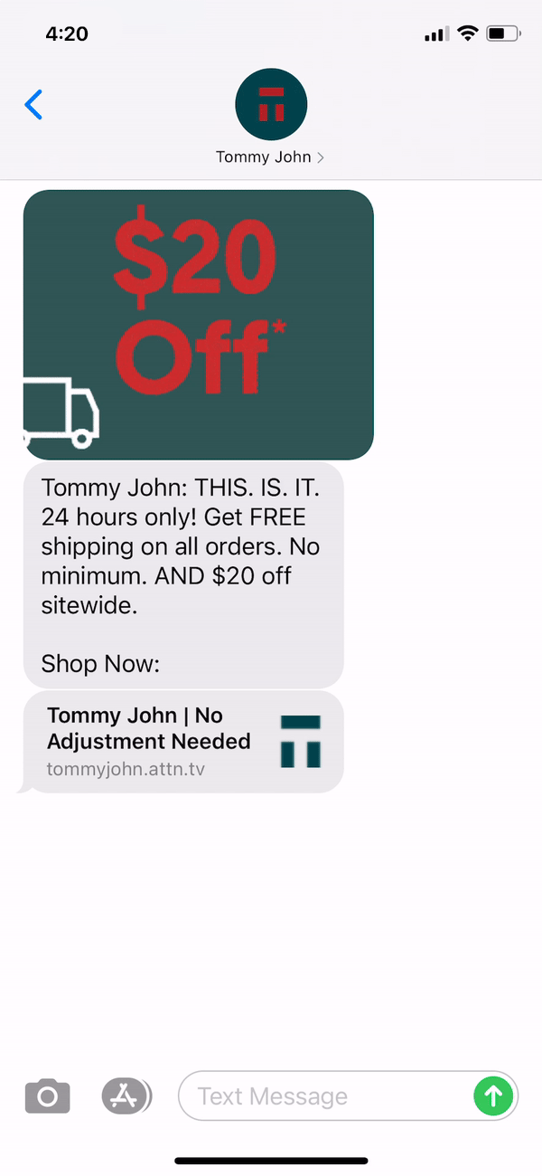 Tommy John Text Message Marketing Example - 12.13.2020