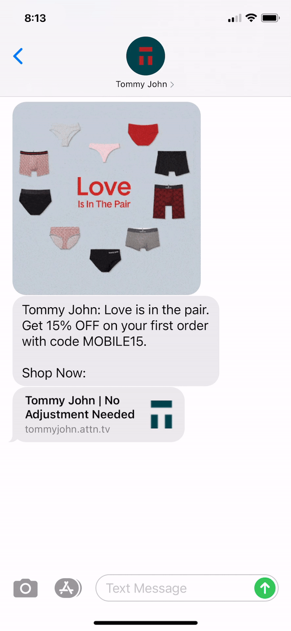 Tommy Johns Text Message Marketing Example - 01.29.2021