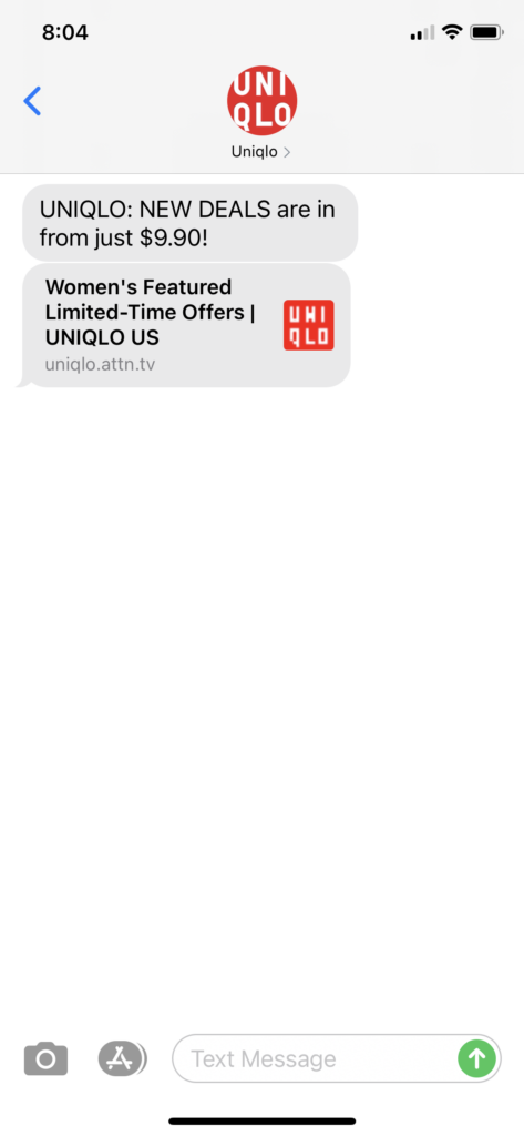 UNIQLO Text Message Marketing Example - 02.19.2021