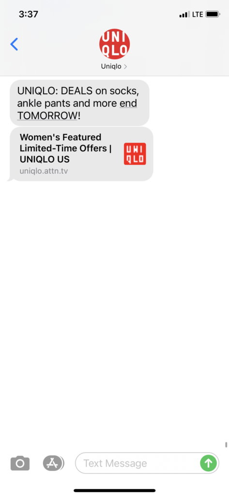 UNIQLO Text Message Marketing Example - 02.24.2021
