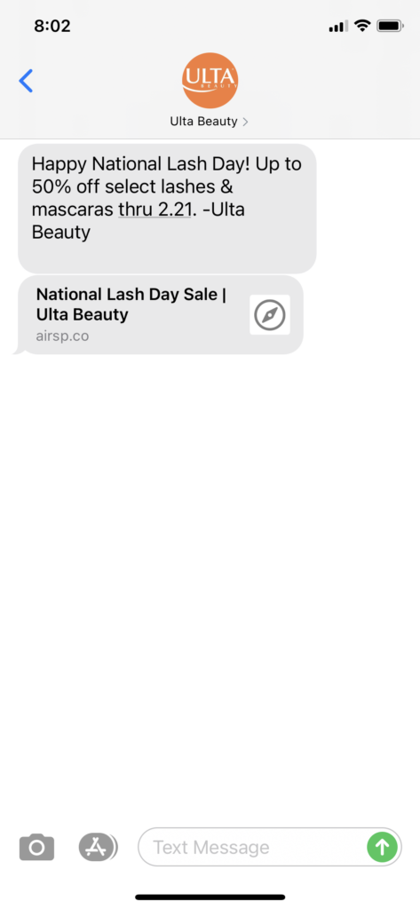 Ulta Beauty Text Message Marketing Example - 02.19.2021