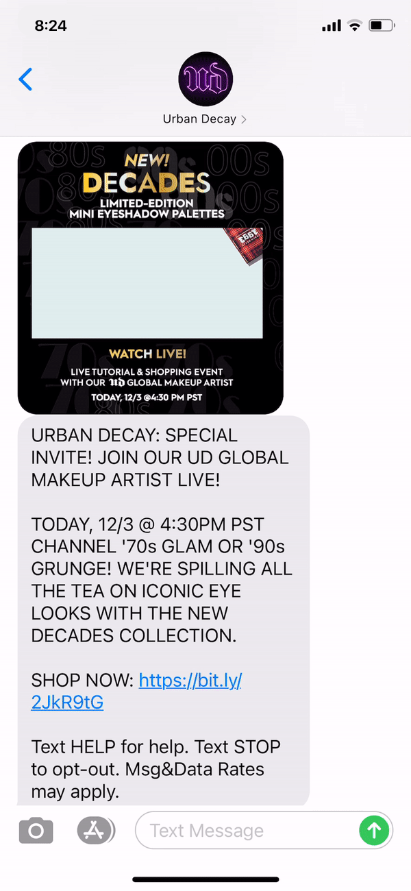 Urban Decay Text Message Marketing Example - 12.4.2020