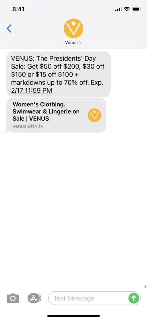 Venus Text Message Marketing Example - 02.15.2021