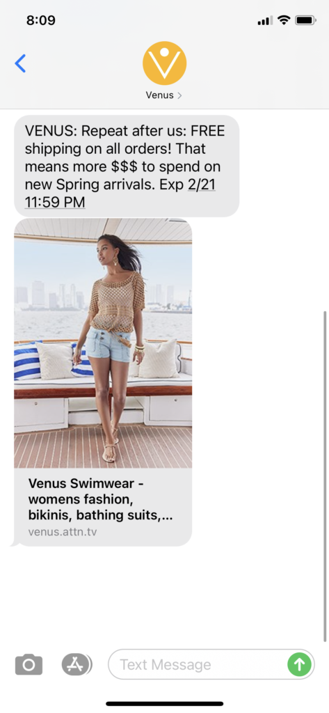 Venus Text Message Marketing Example - 02.19.2021